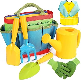 MAKINGTEC 7PC Kids Gardening Tool Set - Children's Garden Tool Kit Shovel Rake Trowel Sprayer Gloves Apron Watering Can with Canvas Tote Bag