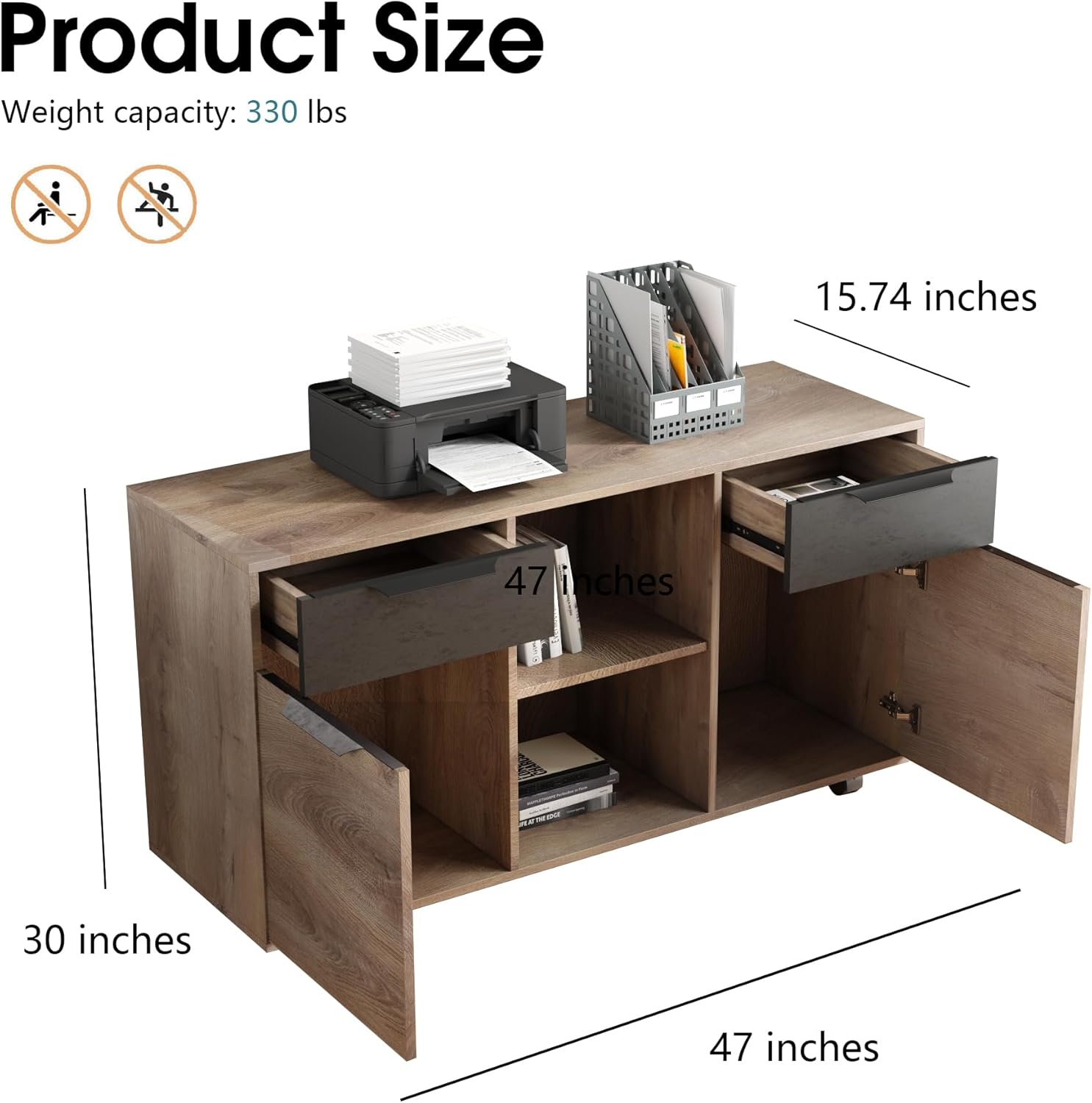 SAINTCY 2-Drawer File Cabinet with Wheels, Mobile Lateral Rolling Under Desk Filing Cabinet, Printer Stand with Open Storage Shelves for Home Office,Mahogany