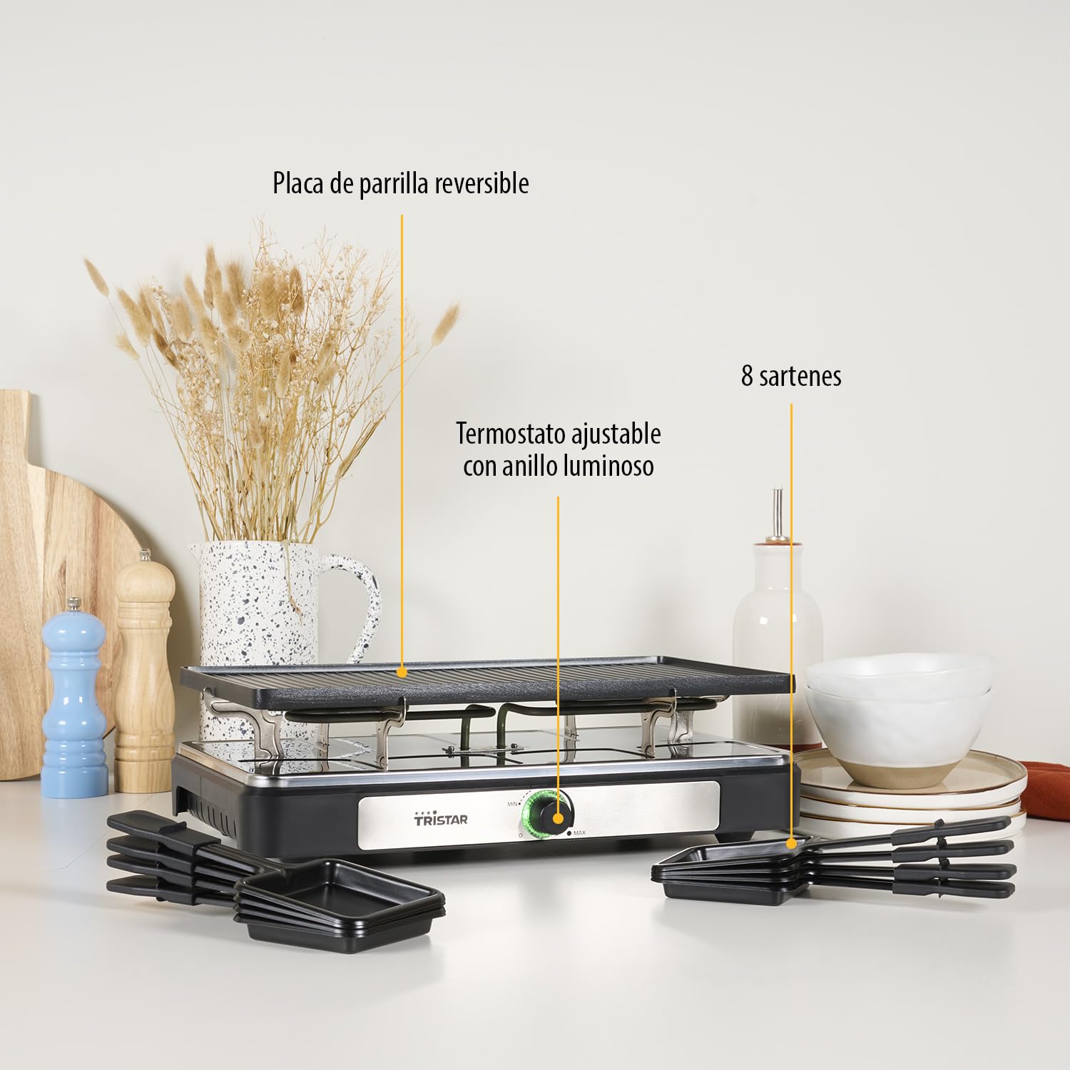 Tristar RA-2748 Raclette multifuncional 3 en 1; Raclette, piedra de cocción, grill, plancha/teppanyaki, Para 8 personas con 8 sartenes de raclette incluidas, 1400 W