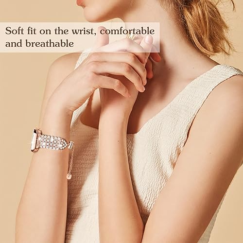 Miniatura 6 de Joyozy Pulsera de perlas brillantes de 1.614 pulgadas y funda compatible con Apple Watch series 9, 8, 7, para mujer, funda de diamantes brillantes