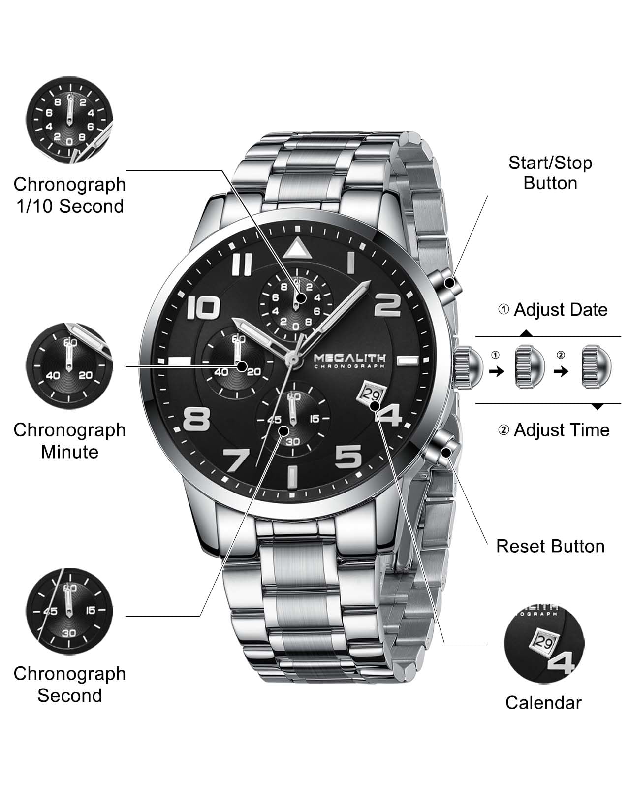 MEGALITH Reloj Hombre Cronógrafo Analogico: Esfera Grande de Fácil Lectura