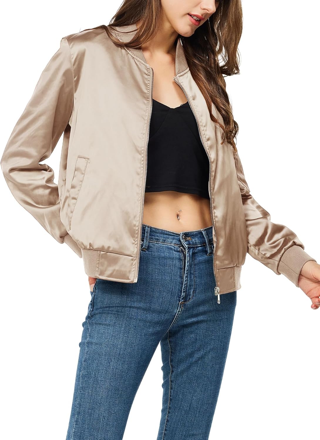 Satin Bomber Jacket Women Casual Fall Varsity Jackets Zip Up Outerwear Windbreaker with Pockets - Image 4