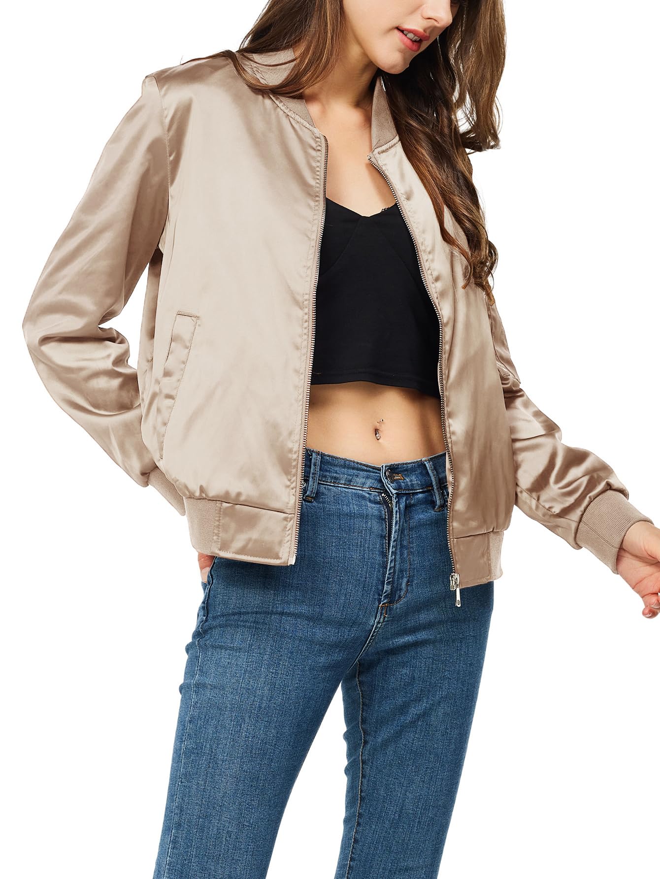 Rasujie Satin-Bomberjacke für Damen, Reißverschluss, Varsity-Jacke, Herbst, Windbreaker, Oberbekleidung mit Taschen