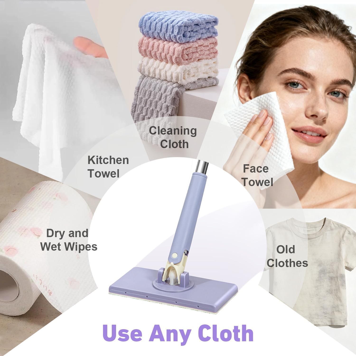 Snap Grip Mini Mop, Cloth Changing Mini Mop for Dry & Wet Disposable Pads, Lazy Mopa Automatic Gripping with Sweeping & Mopping, Long Handle Disposable Dust Mop for Hardwood, Tile, Small Space(Purple)
