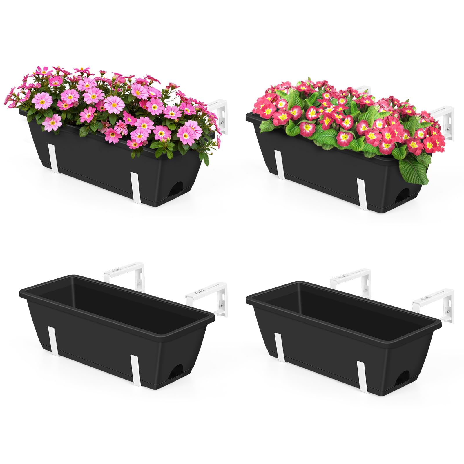 OYEAL Confezione da 4 fioriere per esterni, 43 cm, in plastica, con staffe regolabili, fioriere da appendere alla finestra, fioriere per piante da giardino, recinzione, patio, balcone, nero e bianco