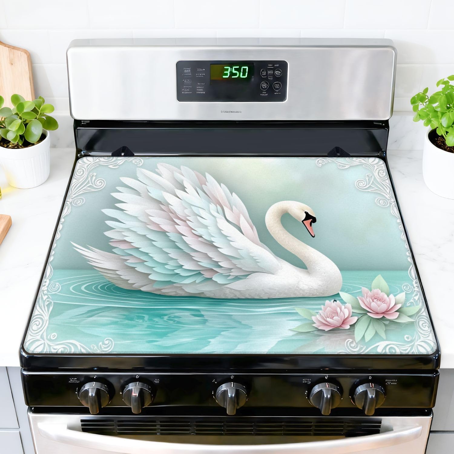 Stove Top Covers for Electric Stove Elegant Swan Soft Pastel Wings Floating Calm Water Lotus Flowers Glass Cooktop Burner Covers Heat Resistant Protector Kitchen Decor Keep Stove Clean 28''x20''