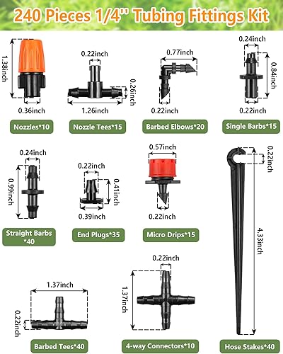 Miniatura 2 de Kit de accesorios de riego por goteo para tubos de 14 pulgadas, 240 conectores de línea de goteo para sistemas de goteo, boquillas, micro goteo,