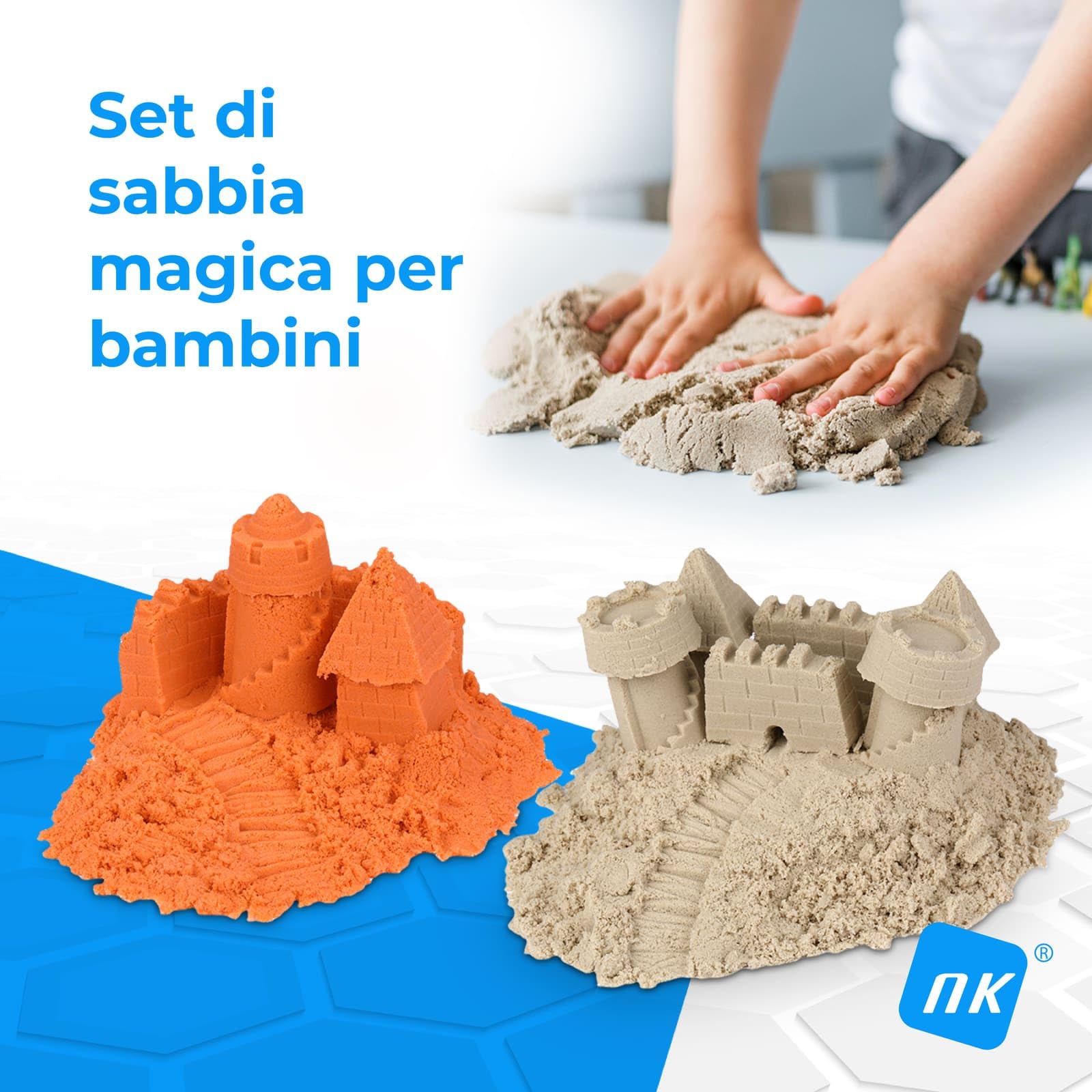 NK Gioco Sabbia Magica per Bambini 2 3 4 5 6 Anni - Set di Costruzione per Bambini con 1.36kg di Sabbia 2 colori e Sabbiera di 40x40cm, Giocattolo Regalo Originale per Natale e Compleanno (48 pezzi)