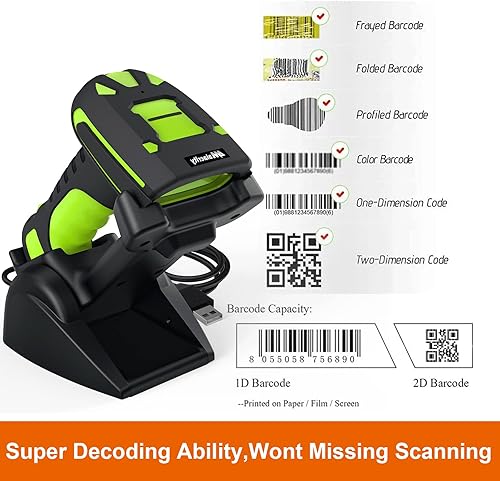Miniatura 3 de Alacrity Escáner de código de barras inalámbrico industrial 2D con soporte de carga, Bluetooth resistente a caídas, distancia de transmisión de 1968