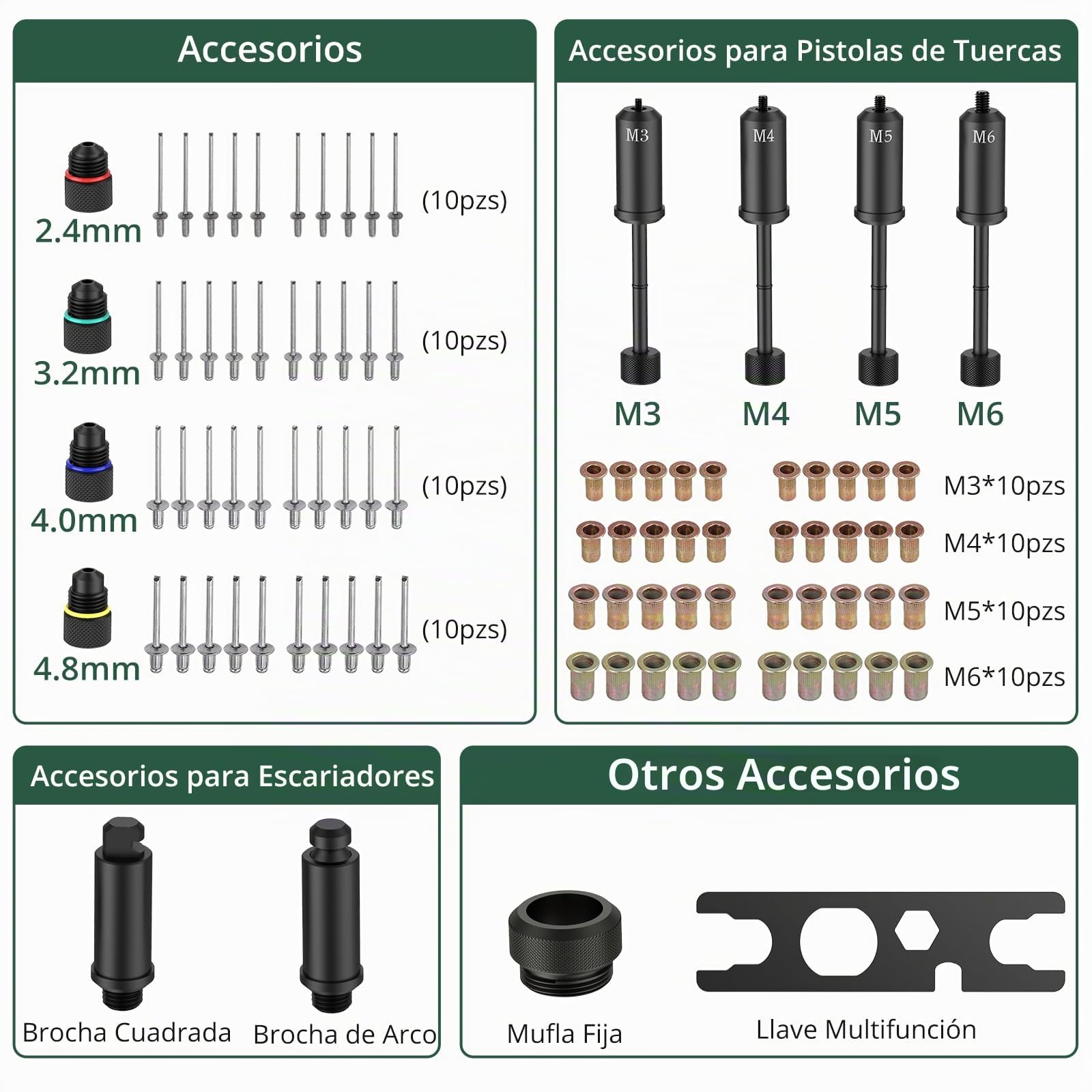 JiGiU 3 en 1 Pistola Remachadora 360°Remachadora de Tuercas y Alicates para Remaches con 4 Mandriles M3 M4 M5 M6,4 Boquillas de 2.4mm 3.2mm 4.0mm 4.8 mm (con 40 Tuercas de Remache y 40 Remaches)