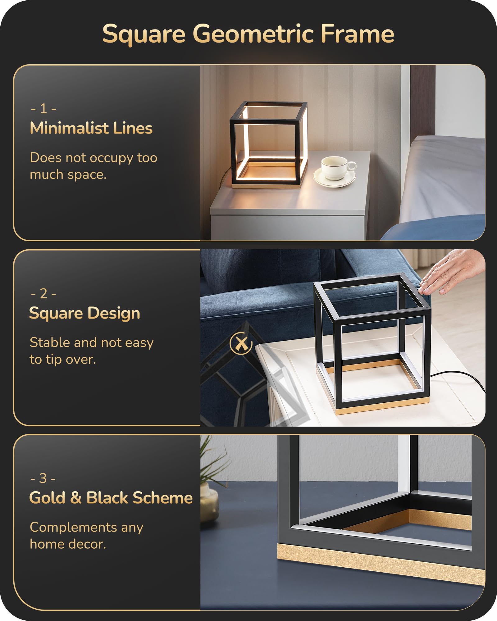 Lámpara de mesa LED moderna, lámpara de noche minimalista con base de madera maciza, regulable de 3 vías, 3000 K/4500 K/6000 K, 470 LM, lámpara de mesita de noche geométrica cuadrada de oro 2
