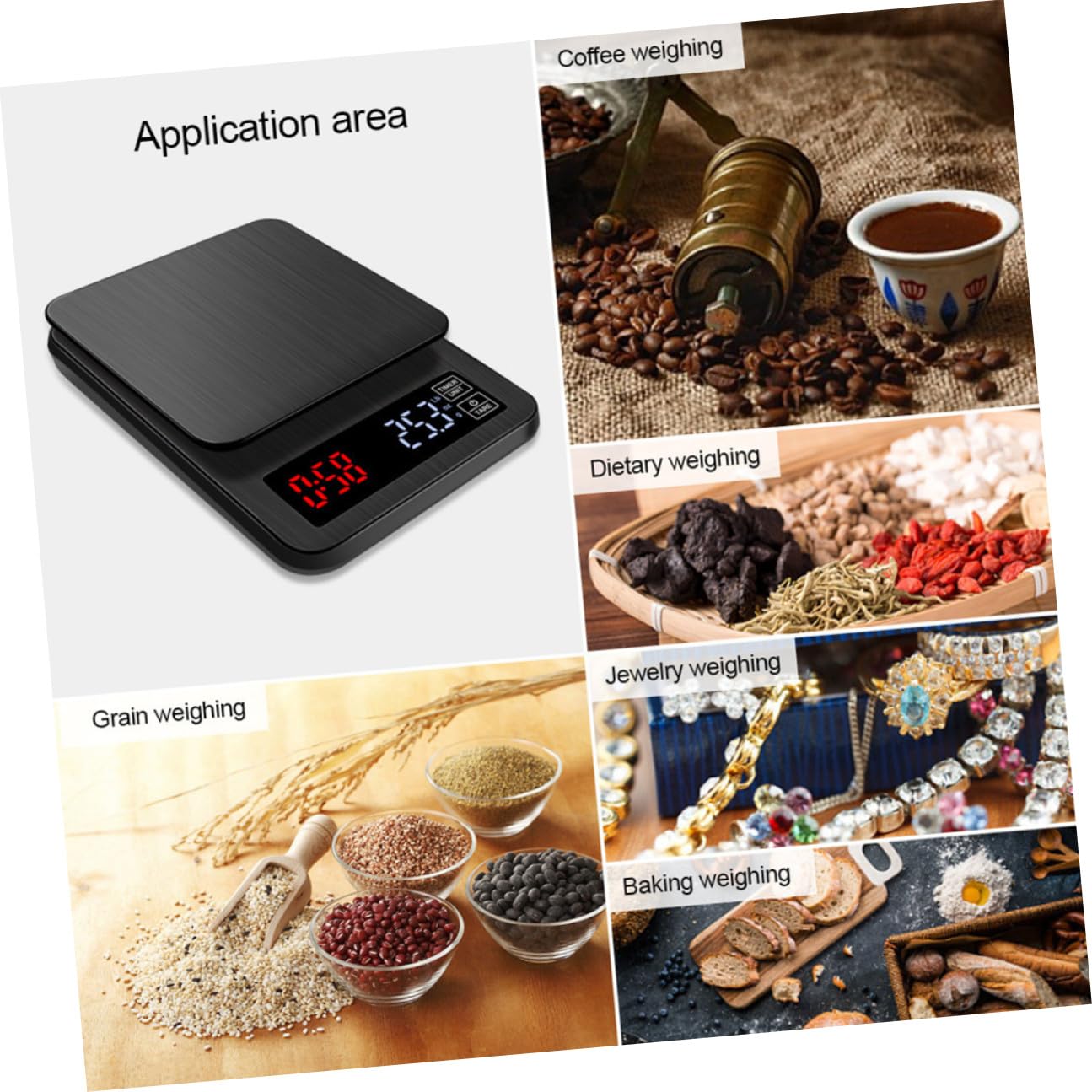 Hohopeti Báscula Electrónica Multifuncional y Alta Precisión para Café y Cocina con Temporizador, Capacidad 5kg, Pantalla LED Grande para Hornear y Pesar Alimentos