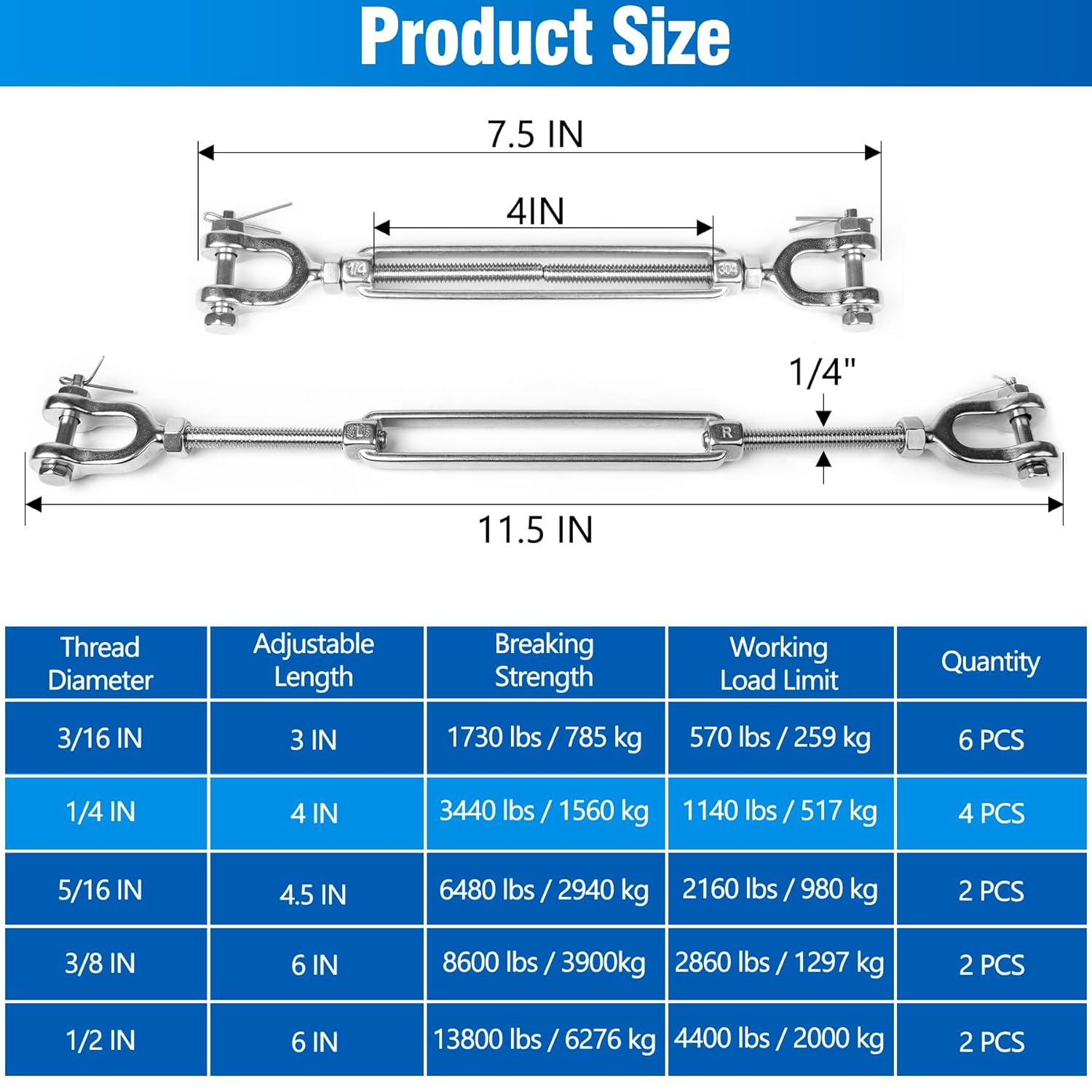 4 PCS M6 Turnbuckle 1/4" 304 Stainless Steel Jaw and Jaw Turnbuckle Tensioner, Heavy Duty Cable Tensioner, 1140 LBS Working Load Limit, Adjustable Turnbuckles for Cables Wire, Clotheslines, Shade Sail - Image 2