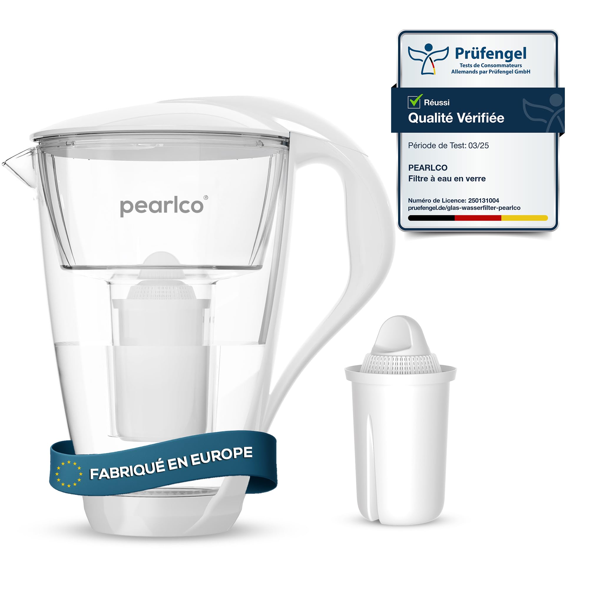 PearlCo - Carafe avec filtre à eau en verre - blanc - 1 cartouche Universal classic incluse (compatible avec Brita Classic)