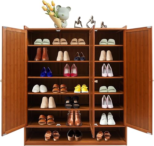 Estante de almacenamiento de zapatos de 8 niveles, estante de almacenamiento de piso de zapatos de bambú con puertas de persiana para 30 pares,