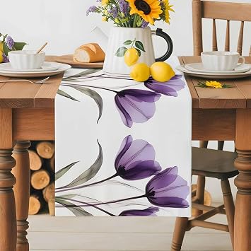 Purple Tulip Green Leaves Table Runner 70 Inches Long,Kitchen Dining Home Tablerunners Still Life Floral Linen Table Runners Dresser Scarves for Home Dinner Wedding Holiday Party Decor