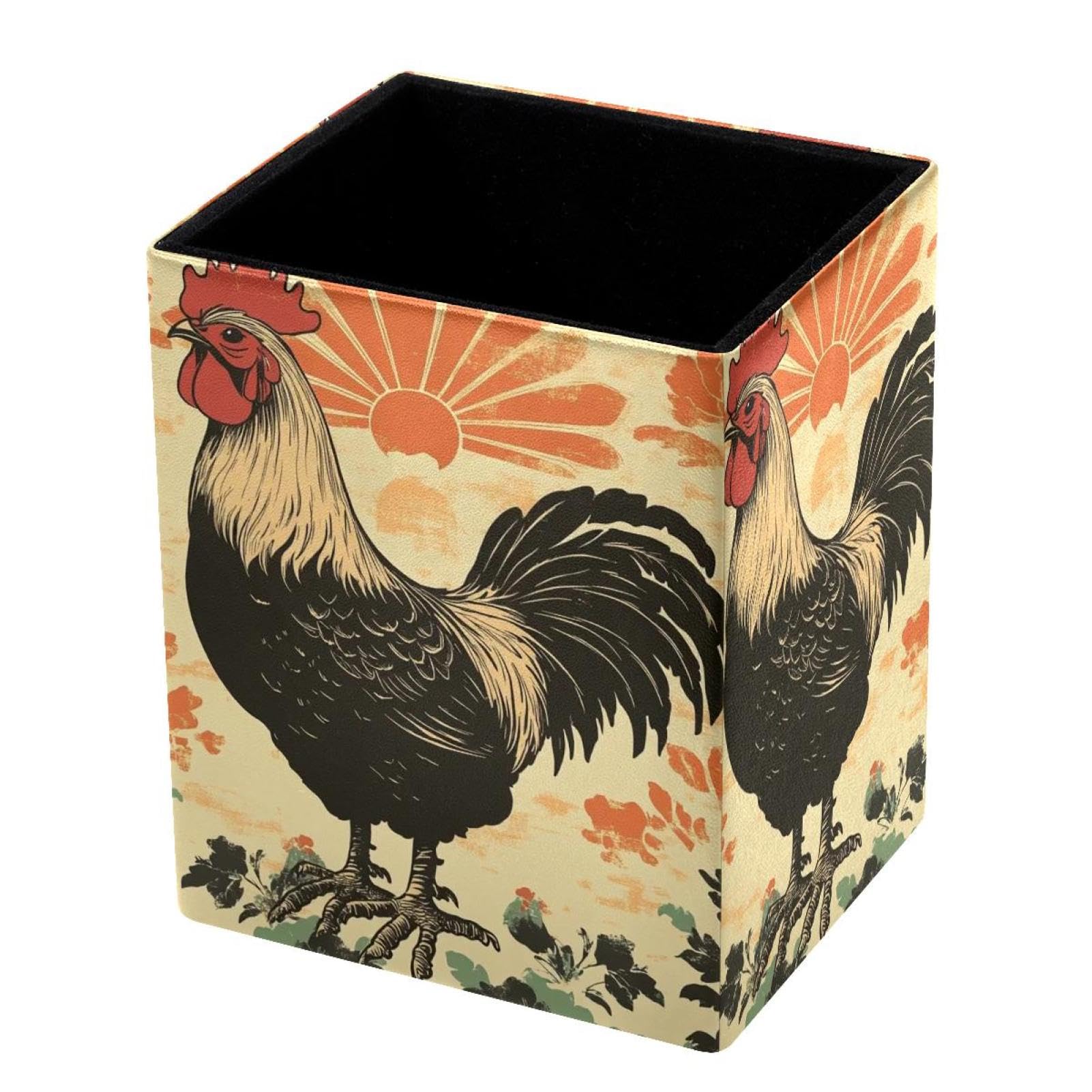 FWJZDSP Pencil Holder for Desk Pen Pouch with Vintage Rooster Painted Capacity Pen Cup Leather Makeup Brush Holder for Office Desk Organizer