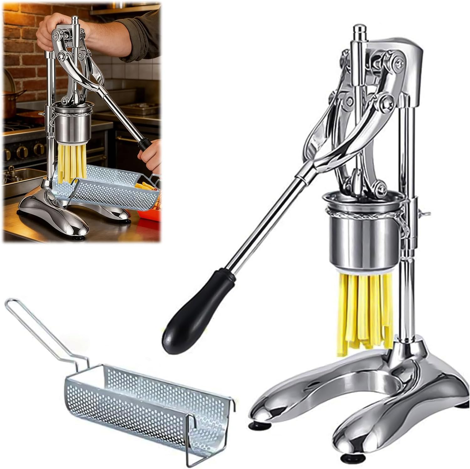 Extra Long French Fries Cutter 30cm French Fry Cutter for Potatoes With Frying Basket Stainless Steel Vegetable Chopper Suitable for Food Carts Restaurants and Kitchens