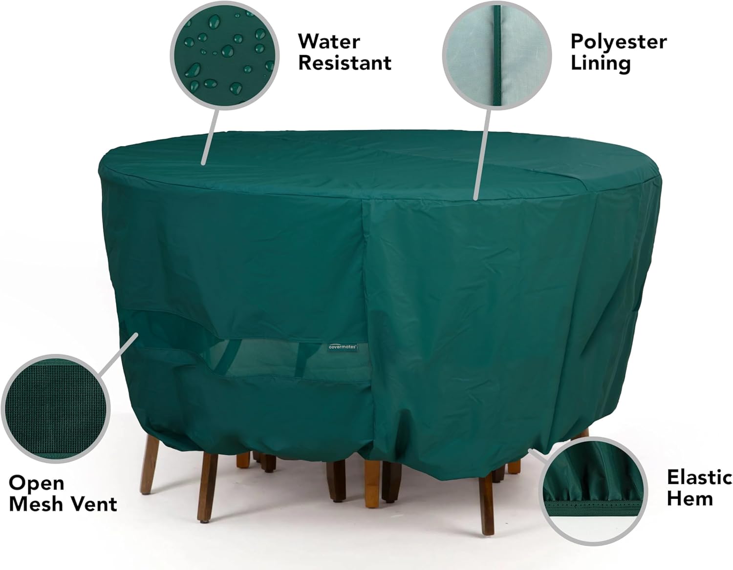 Covermates Classic Round Patio Dining Table and Chair Set Cover – All-Weather Outdoor Furniture Protection, Water-Resistant Vinyl, Elastic Hem, Mesh Vents, Green