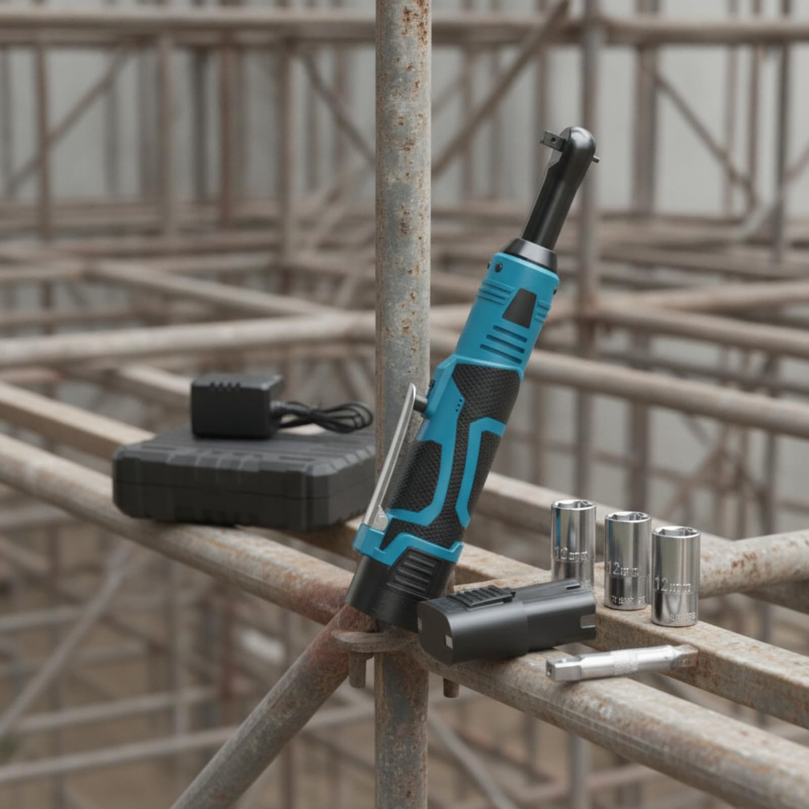 Ronyme Llave Carraca Eléctrica Inalámbrica con Cabezal Articulado para Reparación Automotriz y Proyectos Bricolaje con Estuche Transporte Rígido y Dos Baterías Litio, Amarillo