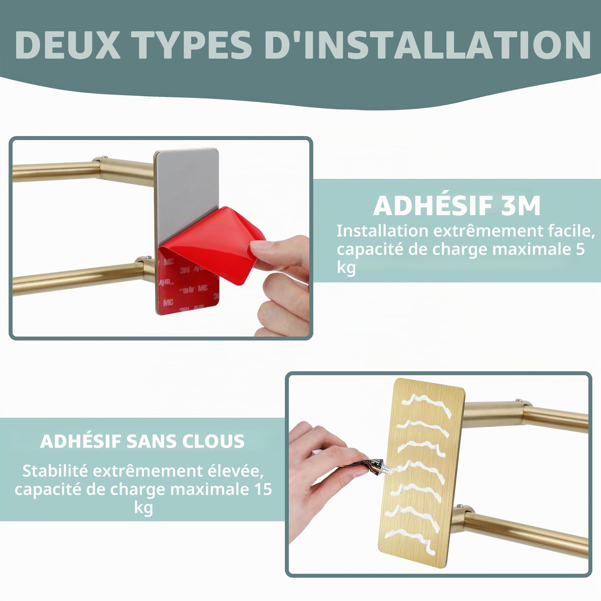 Porte-Serviette Double 60cm Autocollant sans Perçage, Acier Inoxydable, Doré‌
