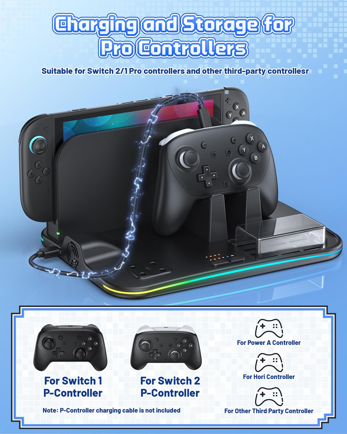 [Compatible Switch 2/1] FASTSNAIL Manette Chargeur pour Nintendo Switch 2/1/OLED pour Joycon, Support Switch 2 avec 9 Modes RVB, Ventilateur, 12 emplacements pour Cartes de Jeu, Support pour Casque