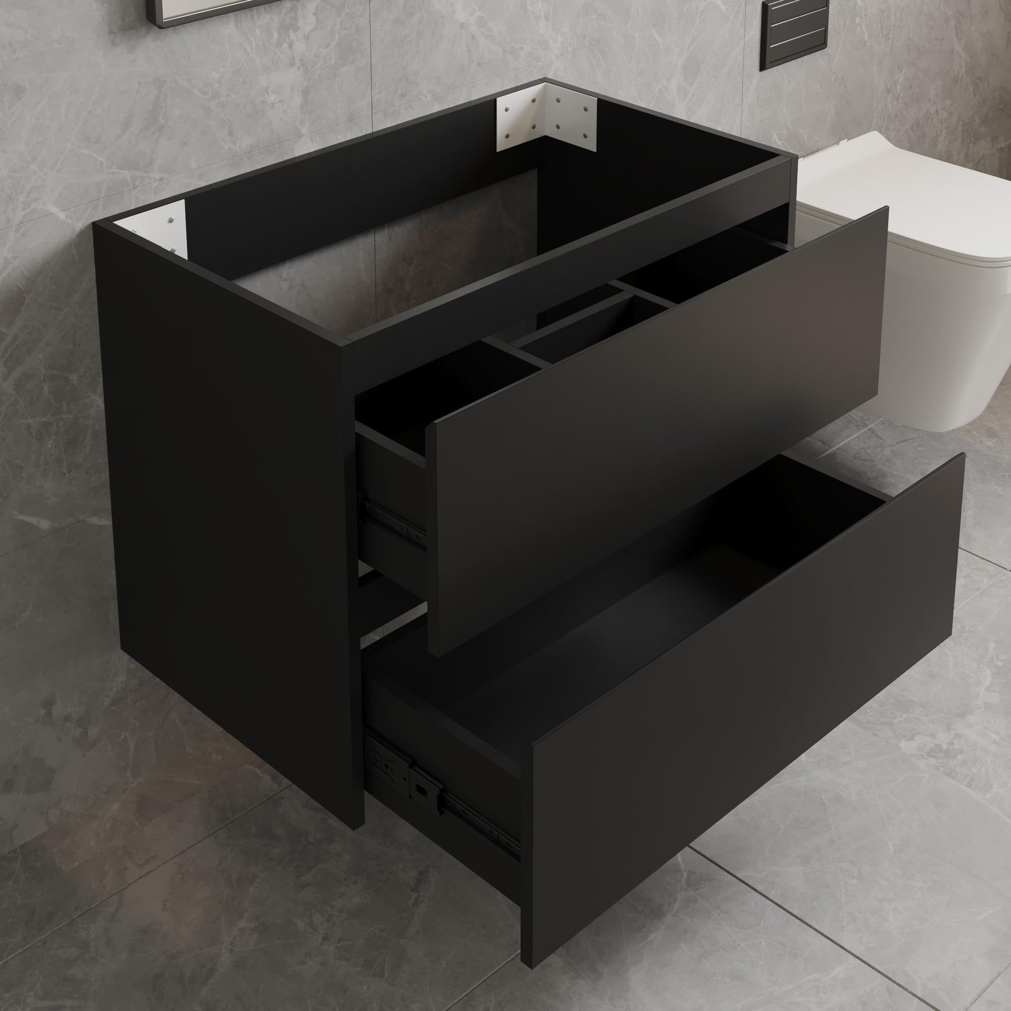 24" Wall Mounted Bathroom Vanity Base, Black Storage Cabinet Vanity with Two Soft Close Drawers, Handle-Free Design (Sink Top not Included)