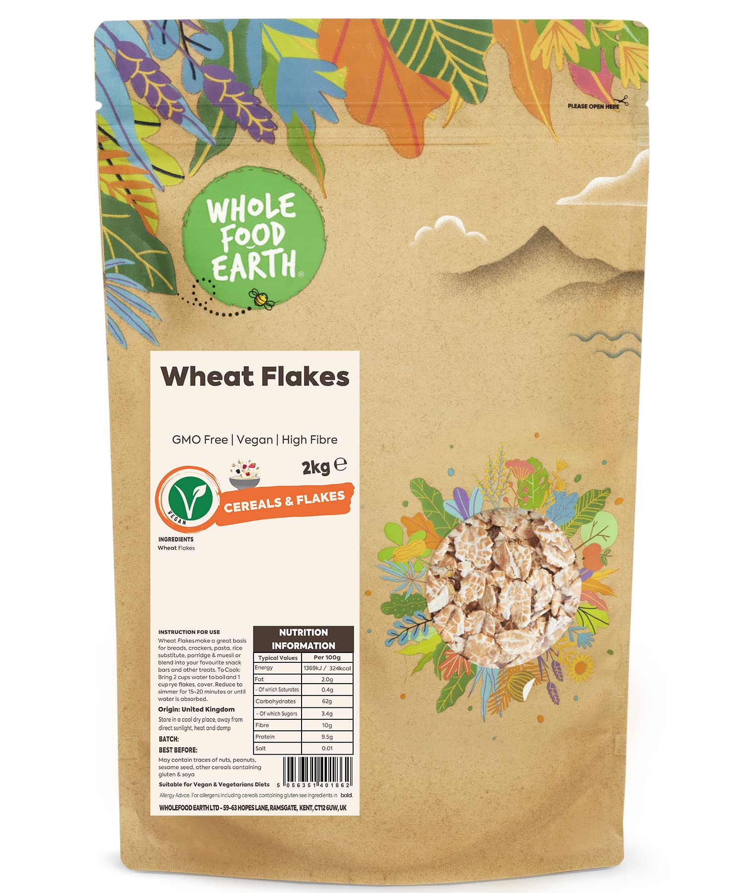 Wholefood Earth Wheat Flakes 2 kg | GMO Free | High Fibre