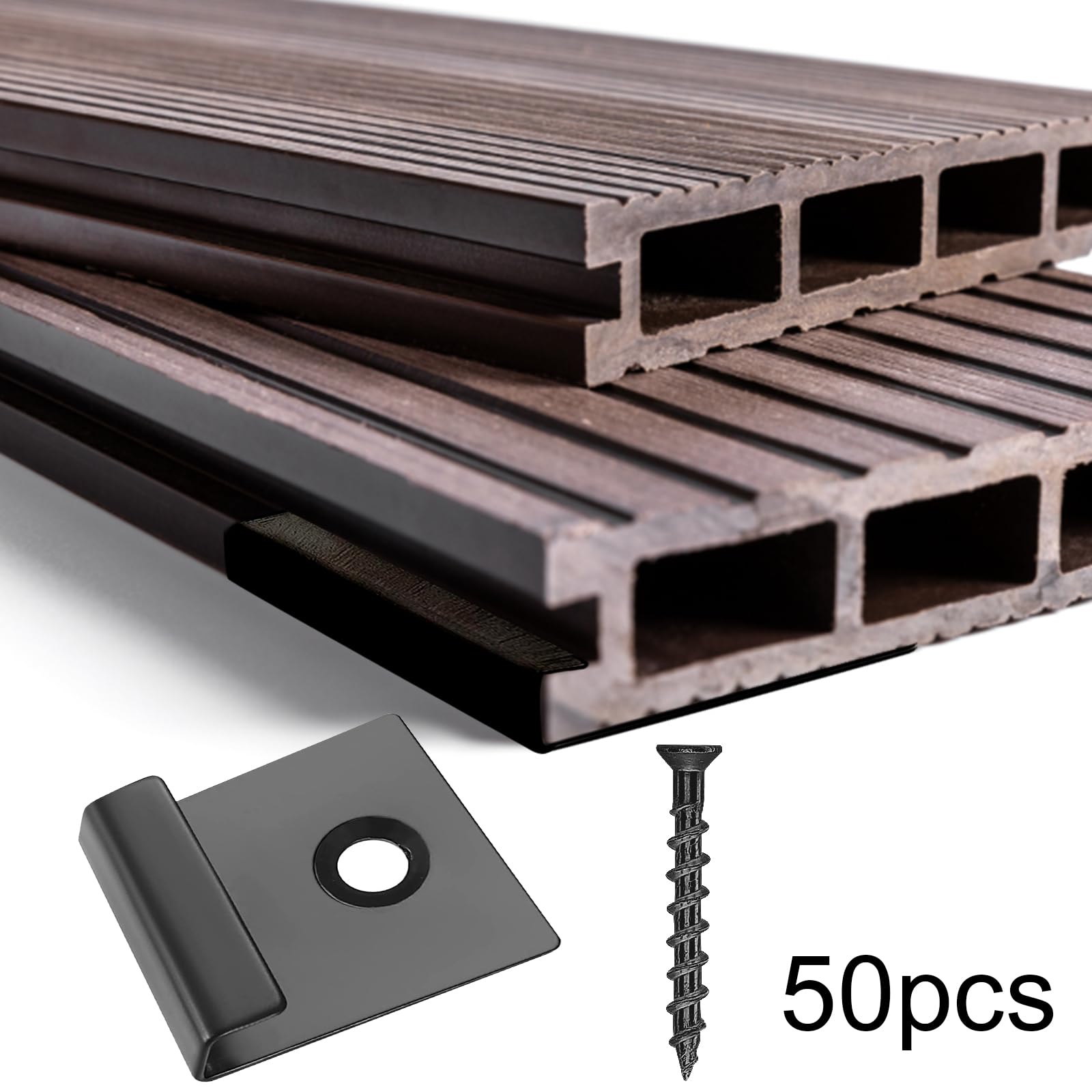 50 pezzi di clip di fissaggio WPC, clip terminali per decking nascoste, clip di avviamento nascoste in acciaio inossidabile, clip di fissaggio per pannello con vite autofilettante (nero, 6 mm)
