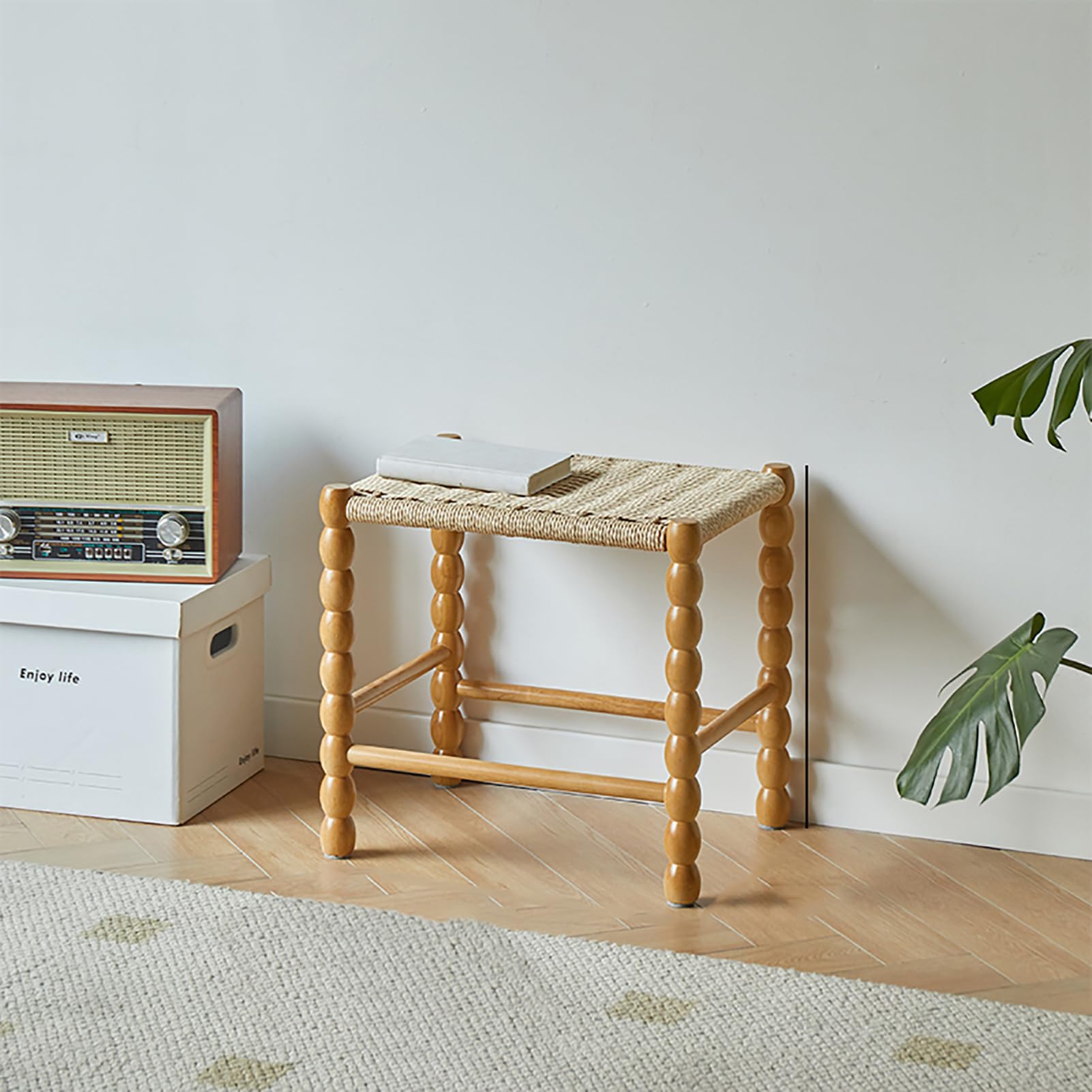 Banc à chaussures en bois massif premium avec assise tressée main