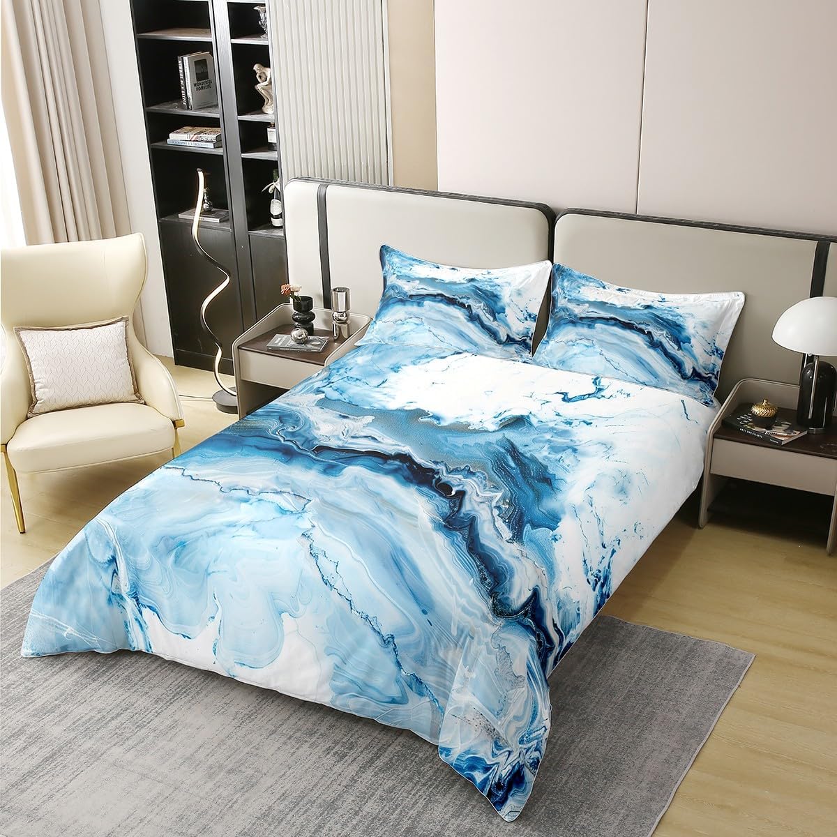 Erosebridal 100% Organic Cotton Blue Marble Duvet Cover Full Size Modern Simple Abstract Theme Soft Bedding Set Tie-Dye Style Comforter Cover Set for Adult Women Girls