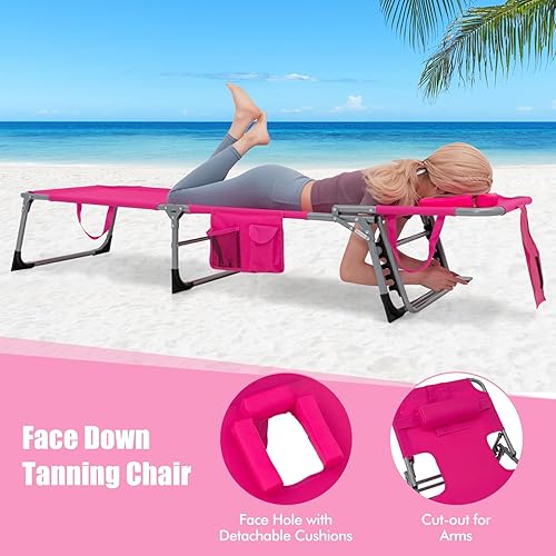 Miniatura 6 de COSTWAY Silla de playa plegable, silla de bronceado con orificio para la cara, respaldo ajustable de 5 posiciones, almohada y bolsillo lateral,