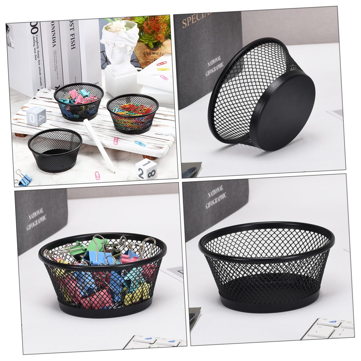 Gogogmee Stackable Desk Baskets Paper Clip Holder Black Mesh Binder Clip Holder Office Supplies