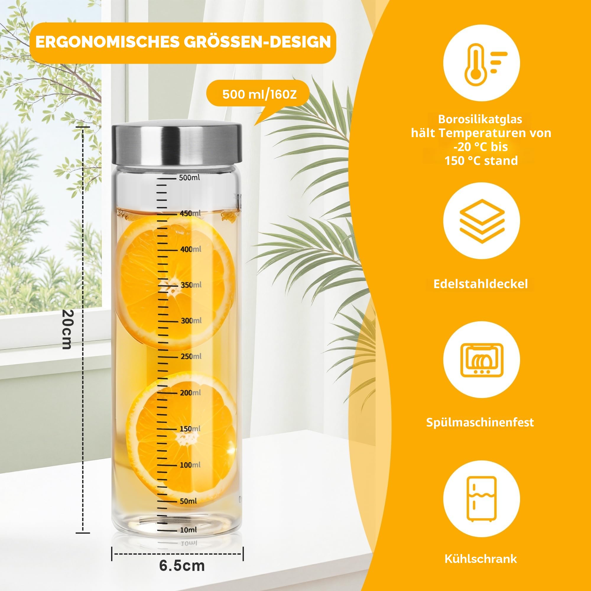 4er Glasflaschen 500ml mit Edelstahl Deckel,Smoothie Gläser Sets mit Messskala,Wiederverwendbar Glaswasserflasche,Smoothie Becher to go für Säfte, Smoothies, Kaffee, Milch, Tee (500ML)