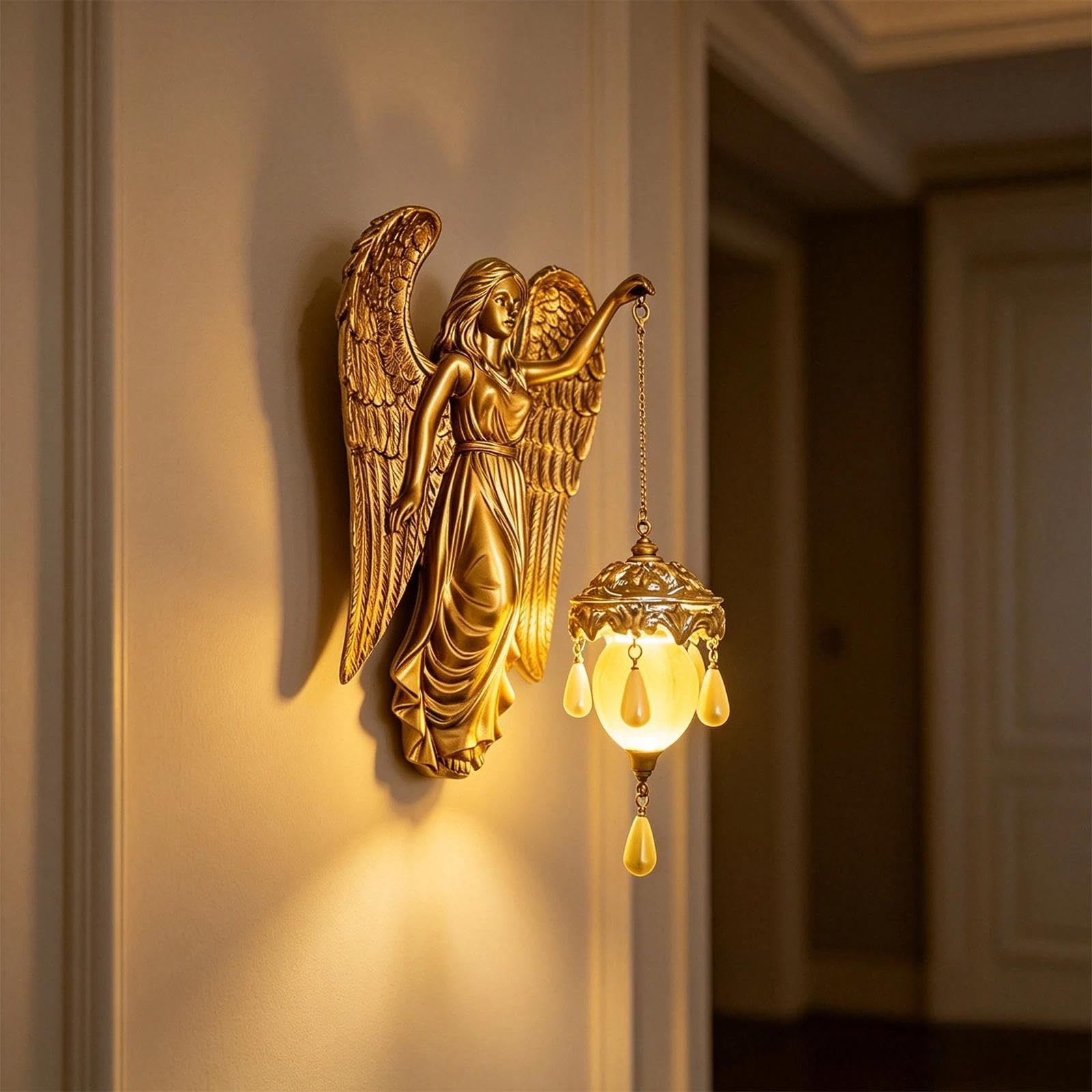 Elfenfigur Wandlampe,Engel Statue mit LED Hängelaterne,Meerjungfrau Wandleuchte Deko,Feen Wanddekoration für Wohnzimmer Schlafzimmer Flur Eingangsbereich Büro,Geschenkidee für Frauen(Stil 1)