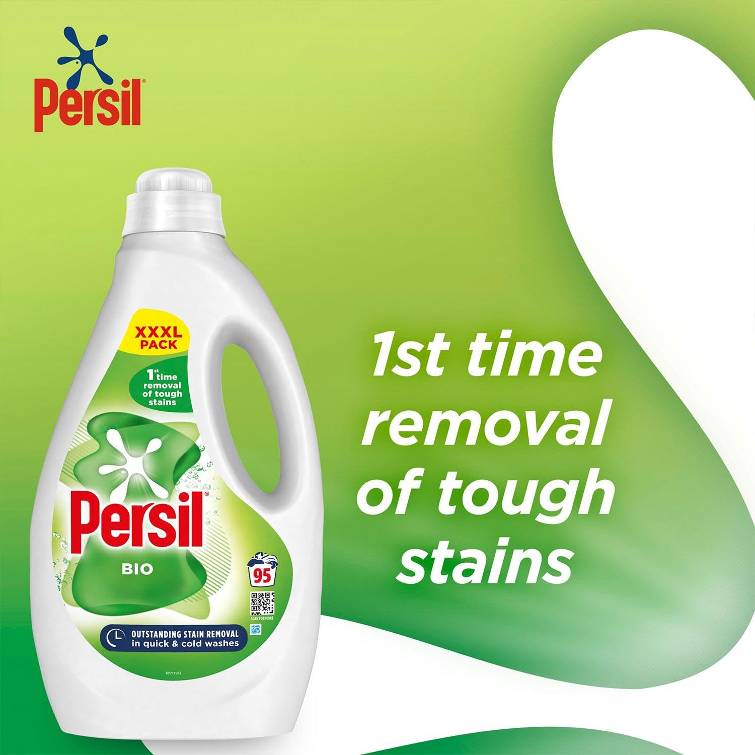 Persil XXXL Waschflüssiges Waschmittel, hervorragende Fleckenentfernung, schnelle und kalte Wäsche, stark zu Flecken, sanft zu empfindlicher Haut, 95 Waschgänge, 4er-Pack, 2,565 Liter (Bio)