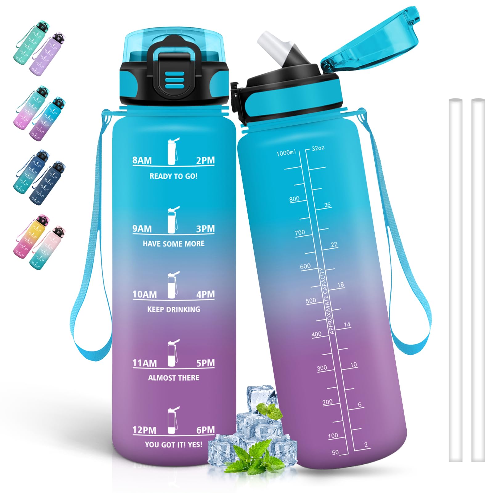 Grsta 1 Litre Water Bottle with Straw and Motivational Timescale-Leakless Easy Clean for Gym, Yoga, Hiking, Camping - Blue-Purple