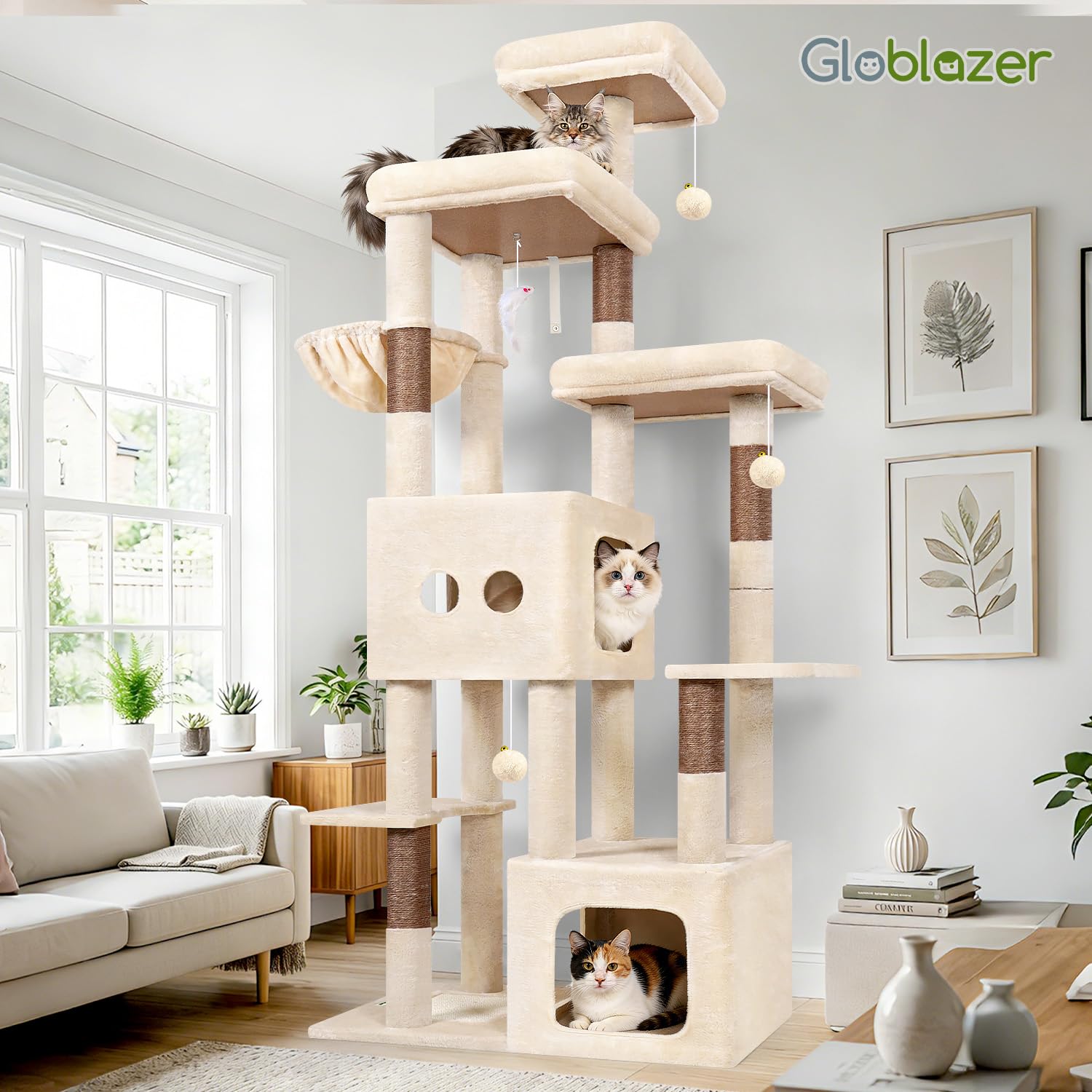 Globlazer Beige Arbre a Chat XXL pour Gros Chats 203 cm avec 2 Grande Niches 45*40*35cm, 2 Vaste Plate-Forme, Perchoir, Griffoir en Sisal, Panier, Arbres à Chat pour Grand Chats Adulte (F80E, Beige)