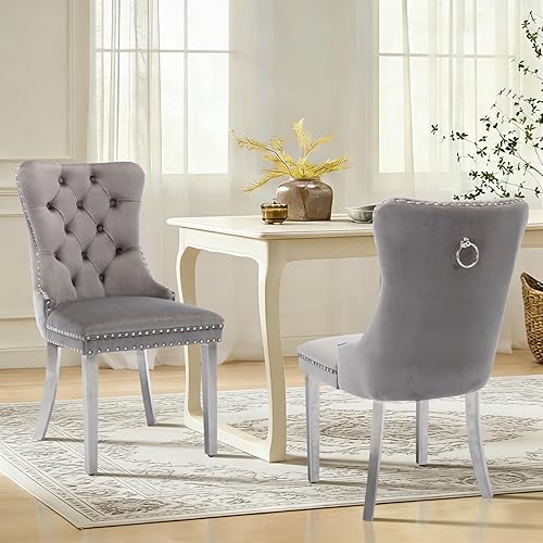 Miniatura 102 de Juego de 6 sillas de comedor de cuero, sillas laterales con respaldo alto, silla lateral tapizada moderna con anillo trasero de botón, patas de negro