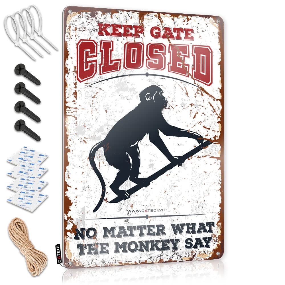 STWNVOITV Coffee Tin Sign Keep Gate Closed No Matter What The Monkey Say Tin Sign Funny Signs For Office Tin Signs Camping Rules(30X40CM)