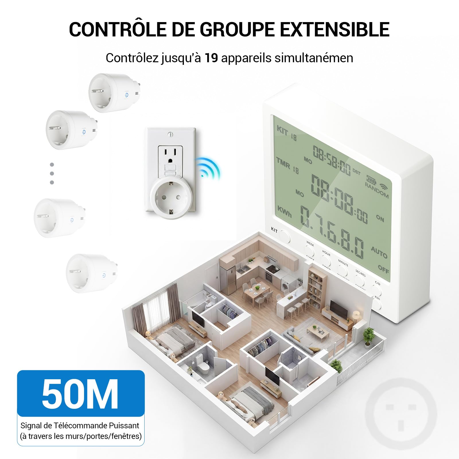 Programmateur Prise Électrique 24h, Prise Programmable avec 19 Programmes, Compte à Rebours et Mode Aléatoire pour Sécurité, Minuteur Prise Électrique pour Lampes et Appareils, 16A / 230V