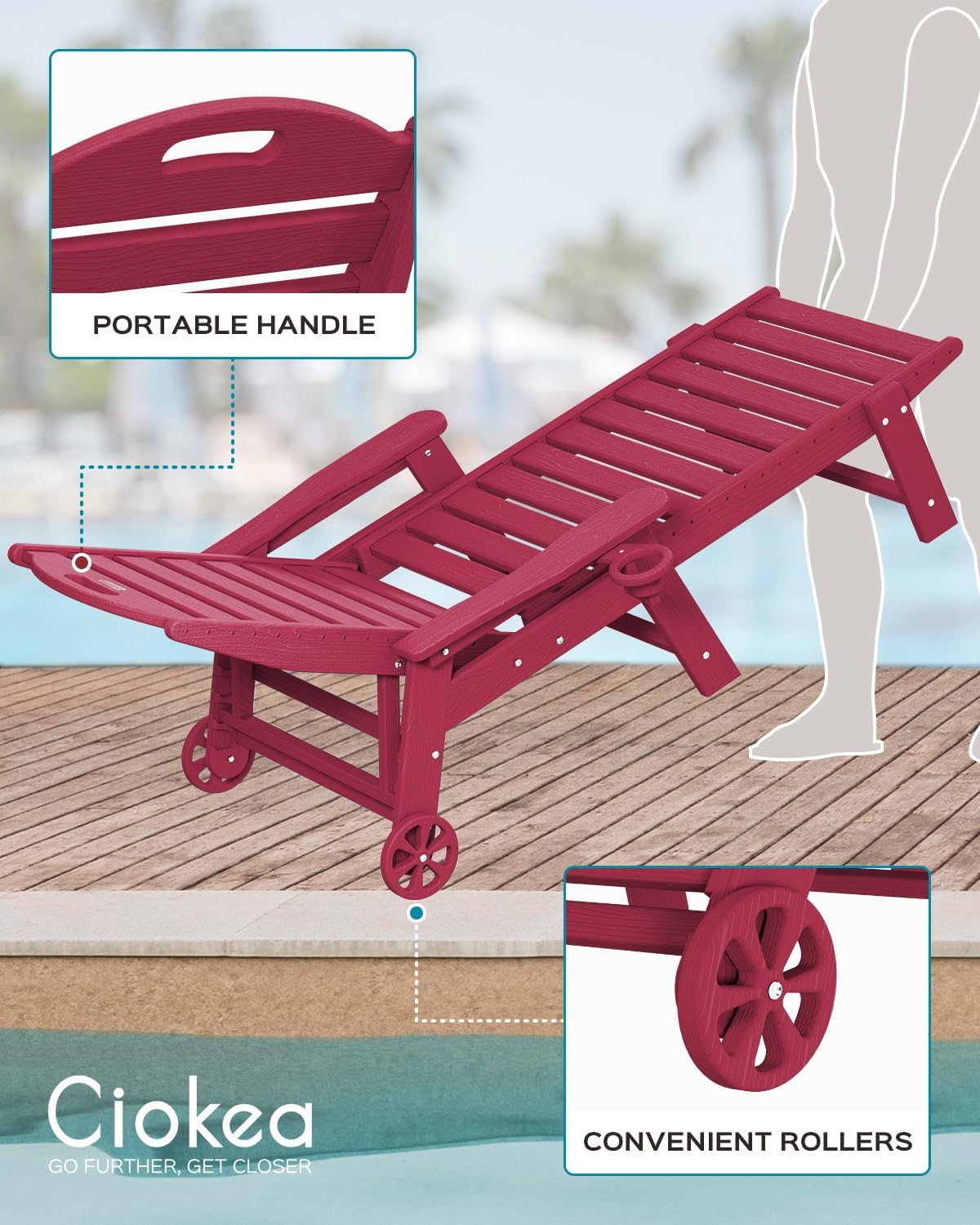 Chaise Lounge Chair Outdoor with Wheels, Adjustable 5-Position Chaise Lounge Outdoor with Wood Texture, Patio Lounge Chair for Poolside Backyard, Red
