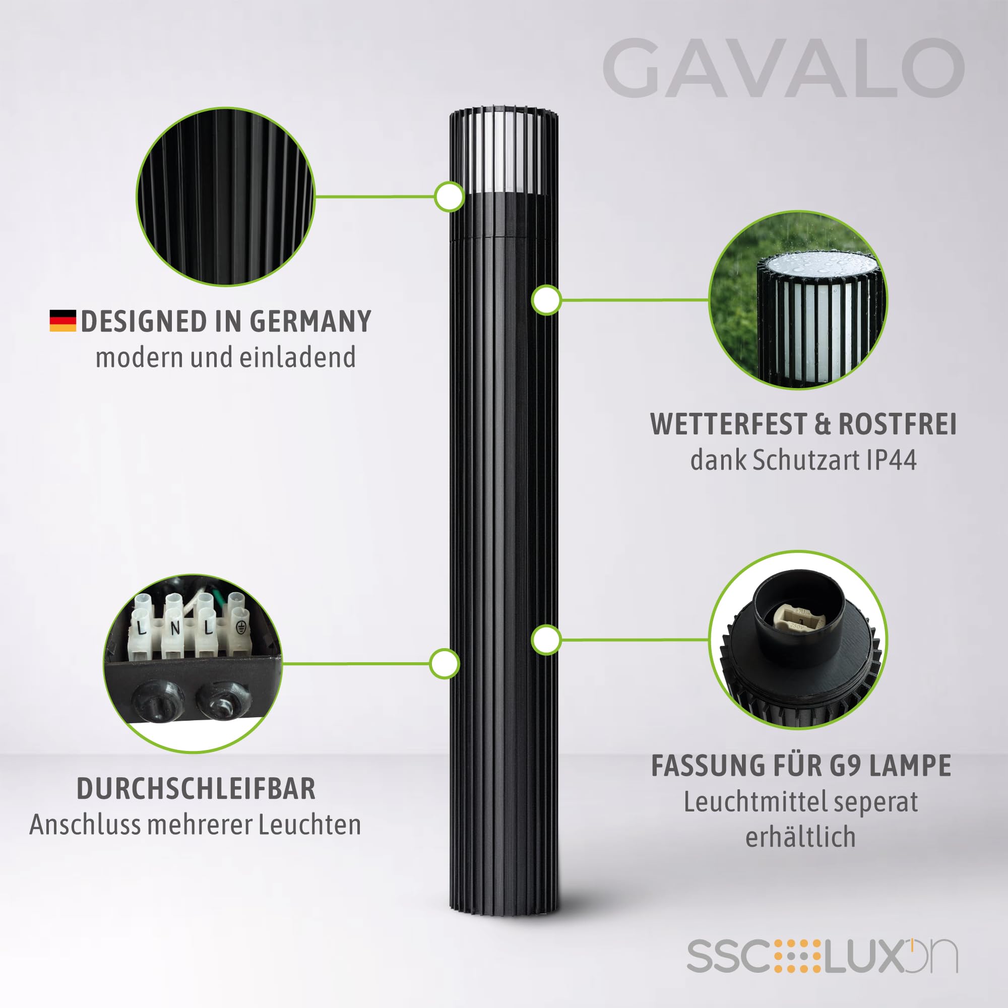 SSC-LUXon 4x GAVALO Pollerleuchte schwarz rund IP44 geriffelt für G9 Lampe - Design Wegeleuchten Außenlampe aus Aluminium Sockellampe für Außen