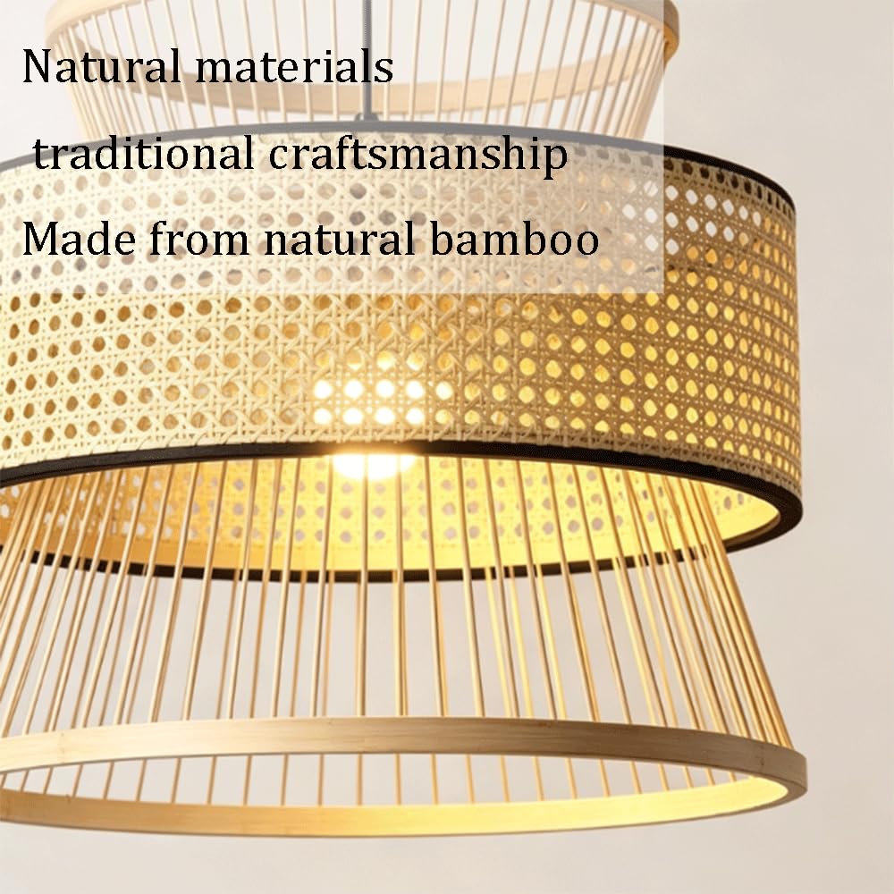 Lámpara Colgante De Bambú Y Ratán Tejido Estilo Bohemio Rústico Para Techo, Ideal Para Sala De Estar, Comedor, Isla De Cocina, Cafetería O Porche. Cable Ajustable, Casquillo E27. Lámpara