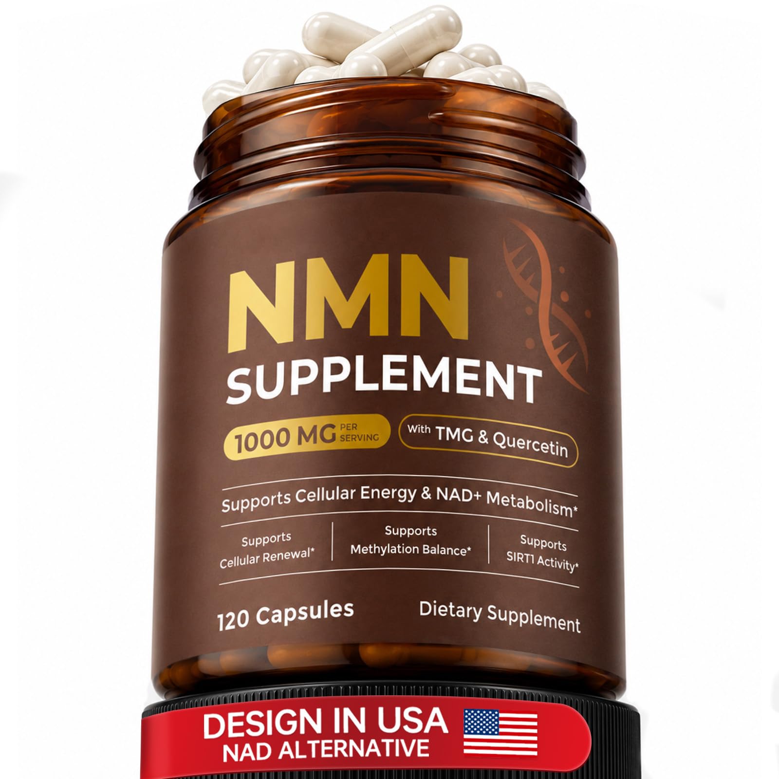 NMN Supplement 1000mg, NAD+ Support, Cellular Energy, 120 Capsules 1 bottle