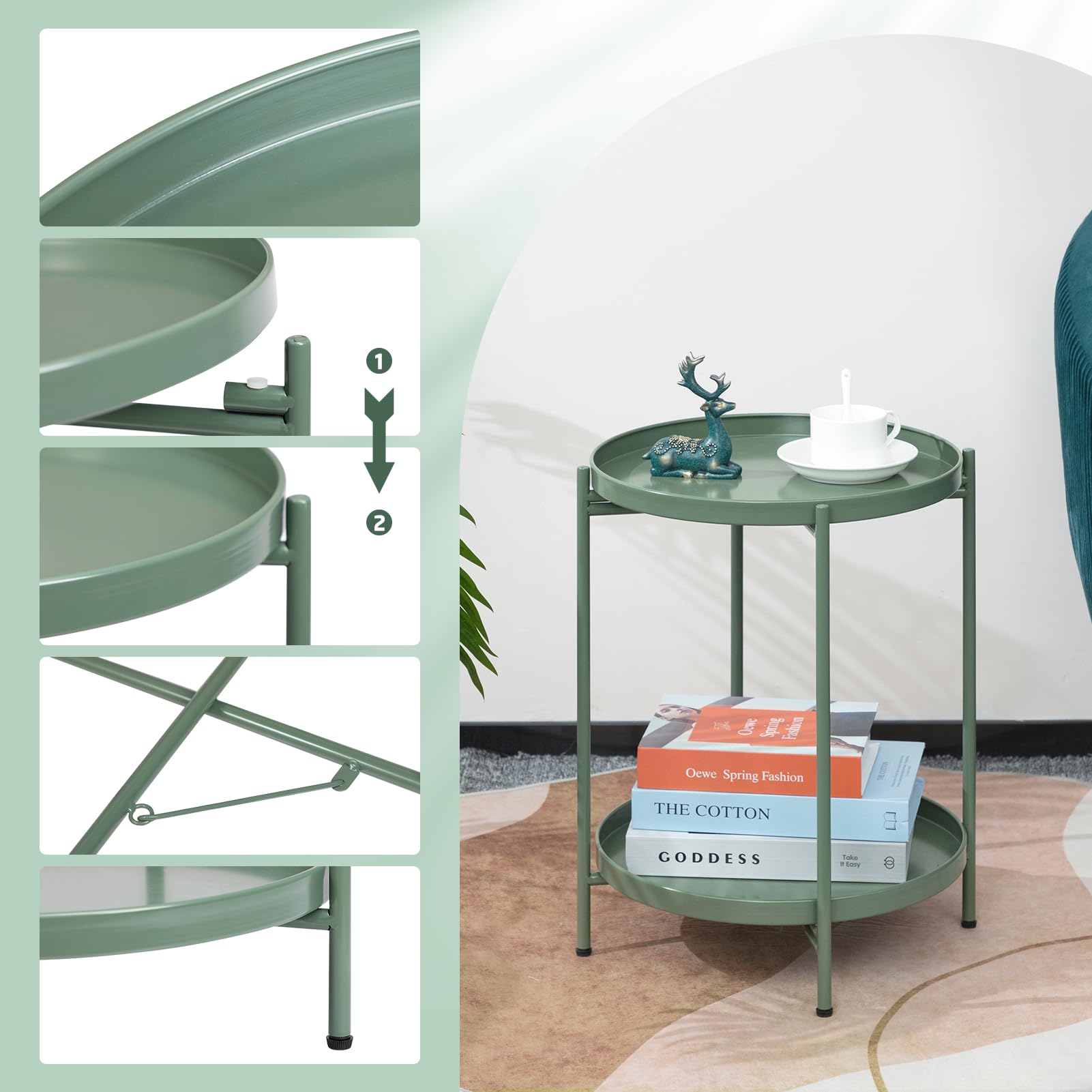 HollyHOME Table D'appoint Ronde Métal Petite Table Basse 2 Etages Bout de Canapé pour Salon Chambre Balcon Terrasse Jardin, Vert Herbe