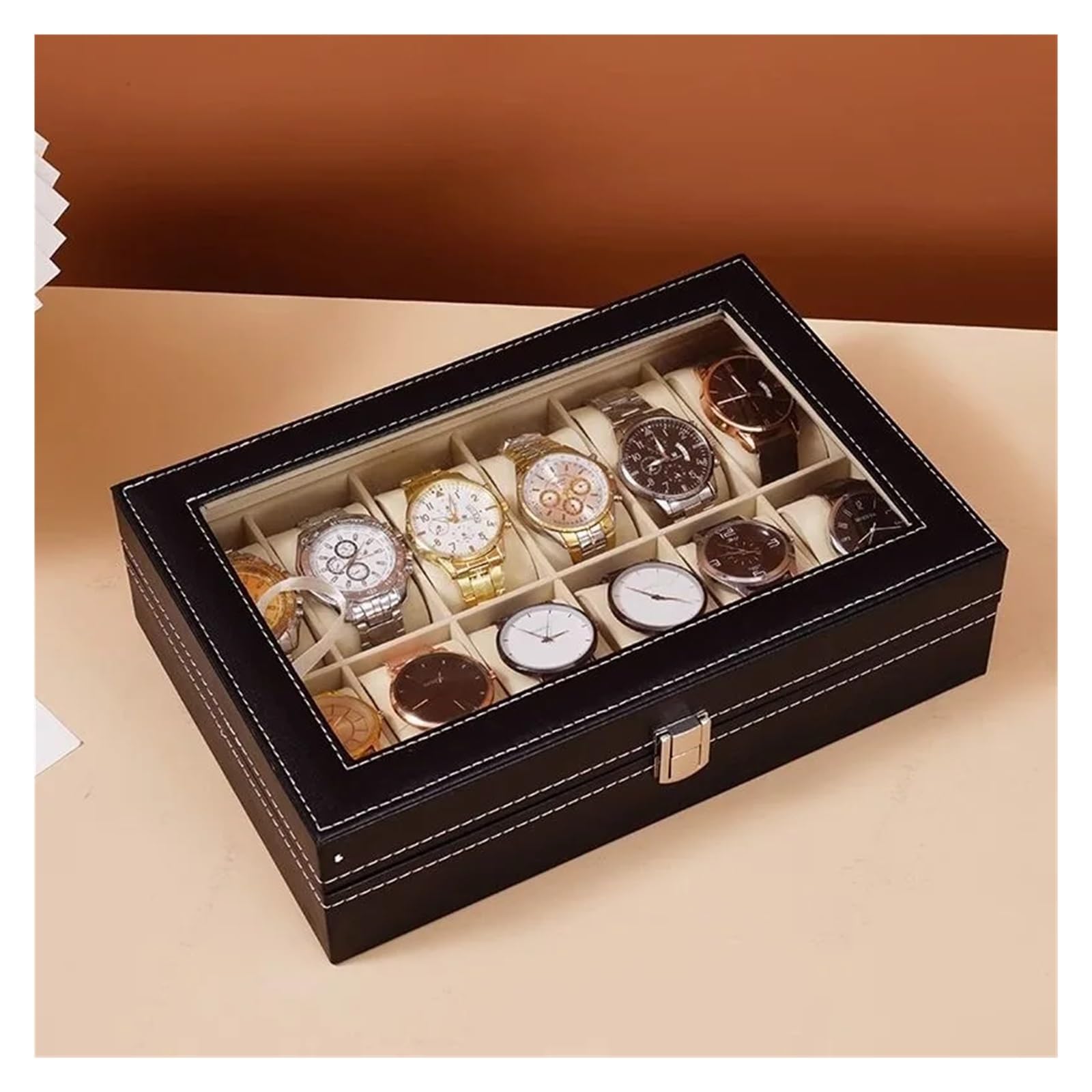 Uhrenbox 2/3/4/5/6/8/10/12 Slots PU Leder Uhr Box Traditionellen Stil Uhr Lagerung Box Geschenk Uhr Fall Mit Schloss Uhrenkoffer(Beige 12 Positions)
