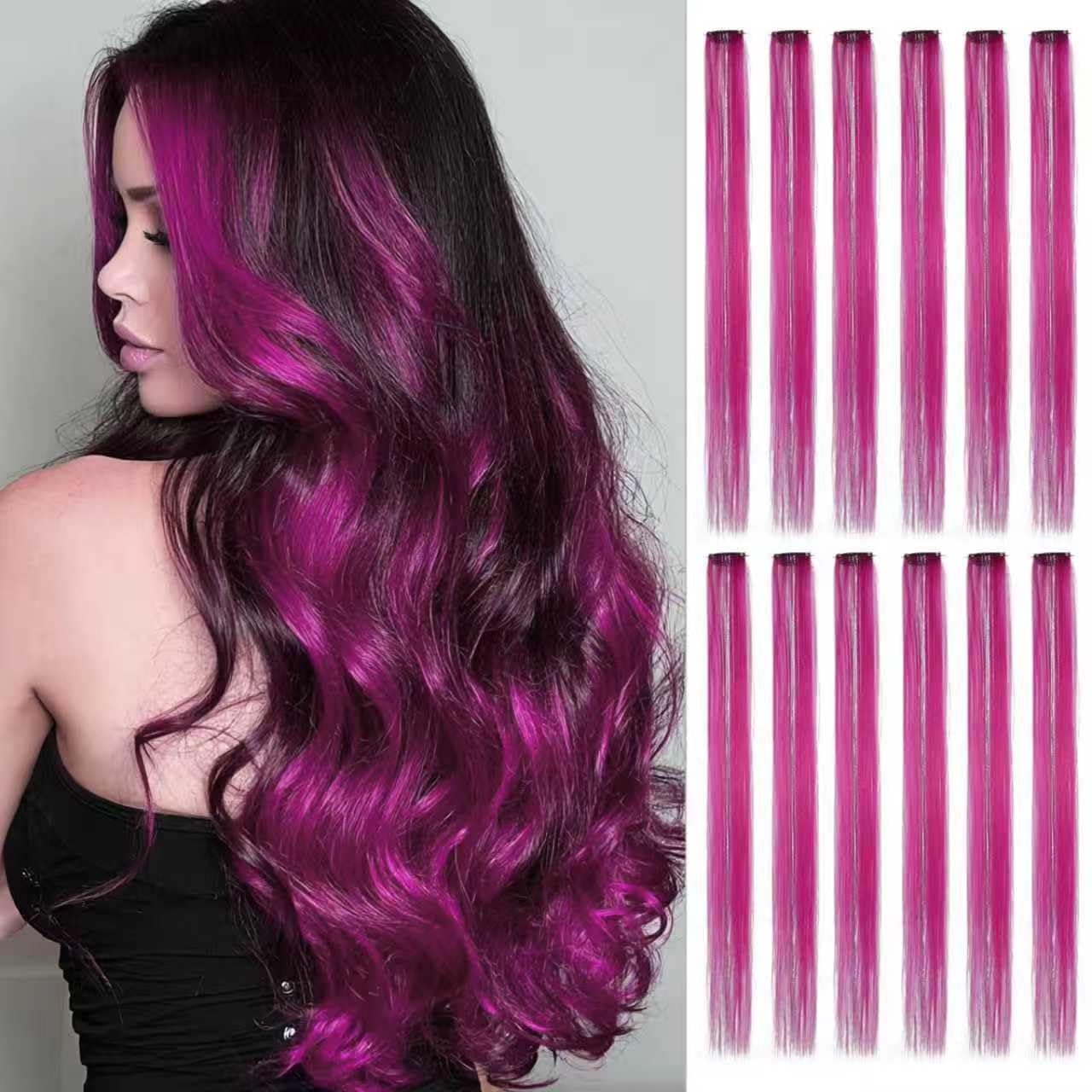 EXTACIO 12pcs Clip in Pink Purple Hair Extensions, 22 Inch Rainbow Hair with Silver Tinsels,Colorful Holiday Party Highlights for Women