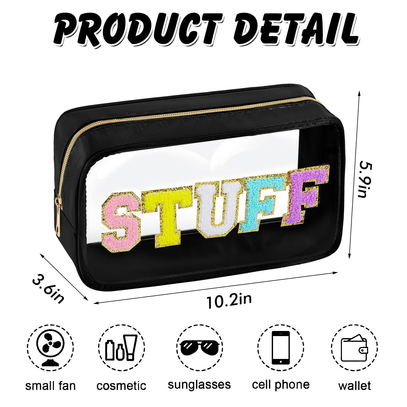URSKYTOUS Bolsa de maquillaje transparente de chenilla con letras de nailon, bolsa de cosméticos con cremallera, bolsa de maquillaje de viaje transparente de PVC transparente, impermeable, organizador