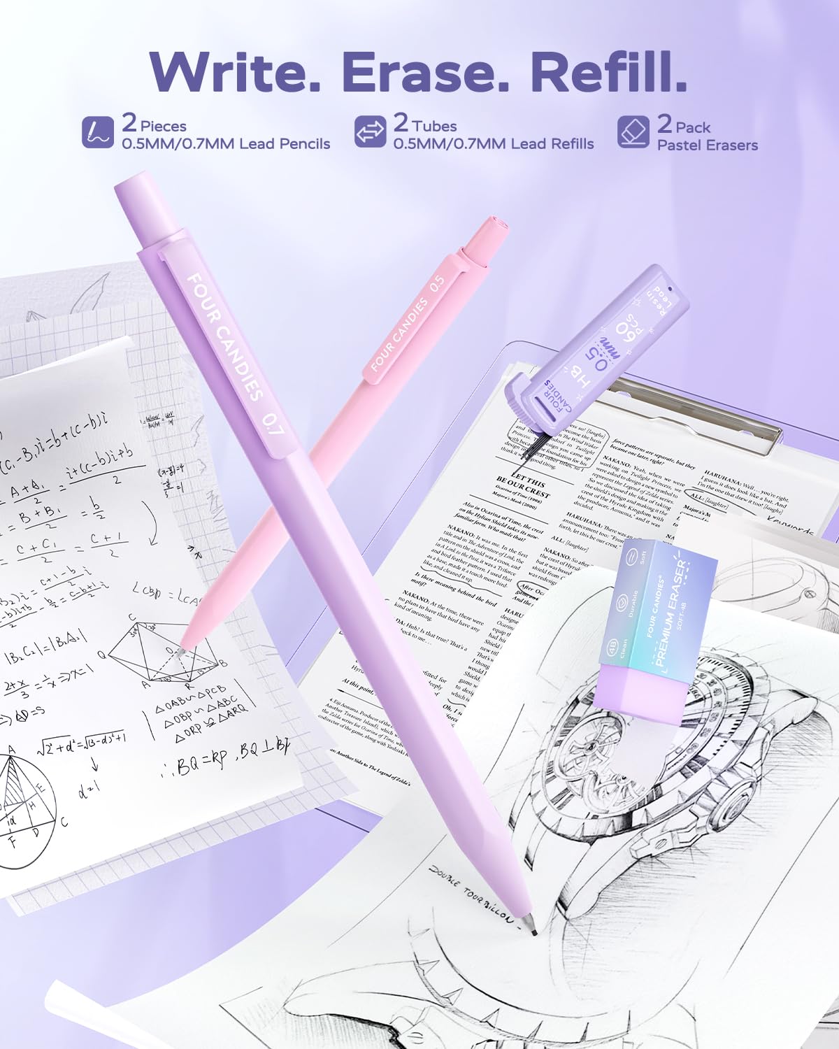 Four Candies Aesthetic School Supplies, 4 Gel Pens with Black Ink, 4 Correction Tape, 2 Pastel Highlighters, 2 Mechanical Pencils, Sticky Notes, Index Post for Back to School Supplies with Case Purple - Image 3